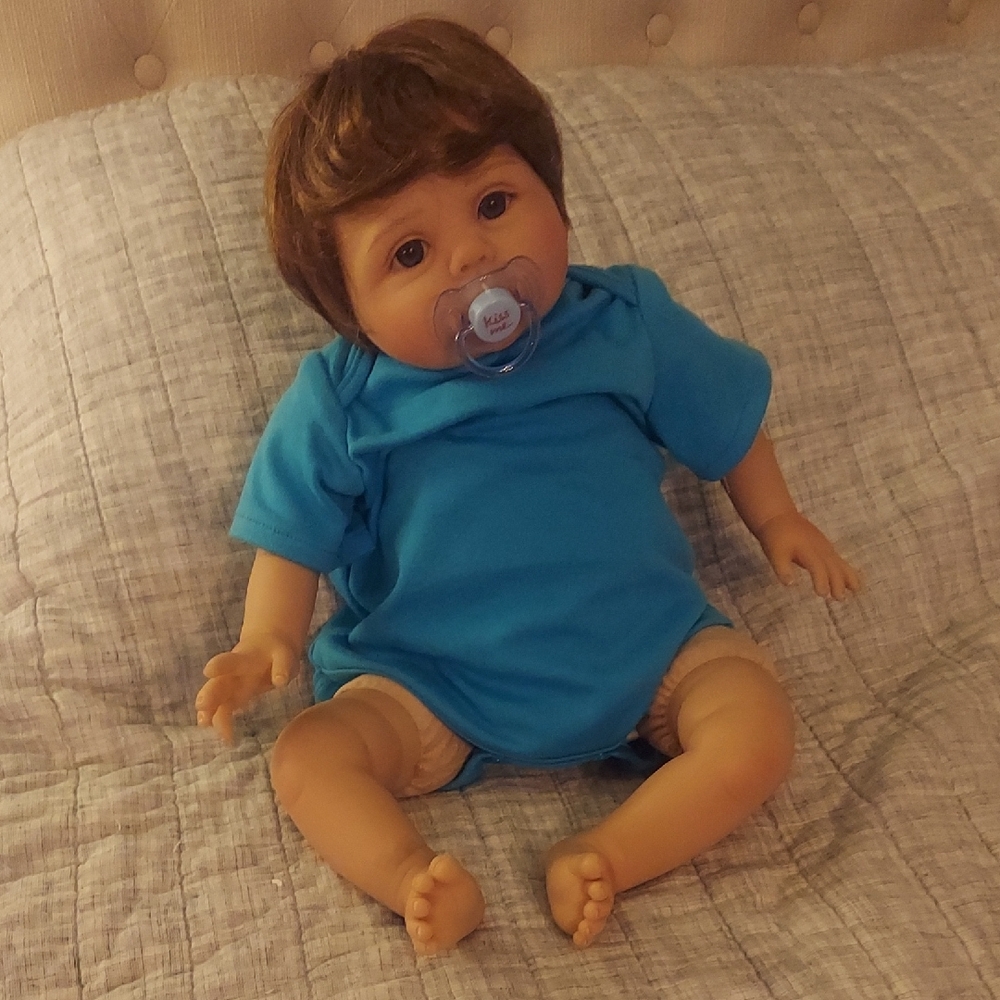 Reborn Doll Gender Neatral Blue Eyes Rooted Brown Hair LIKE NEW